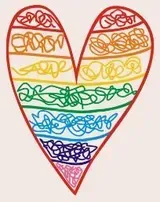 Corazón de arcoíris con líneas garabateadas, símbolo de amor e inclusión.