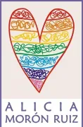 Corazón garabateado en arco iris, texto de Alicia Morón Ruiz.
