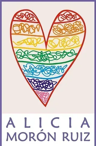 Corazón garabateado en arco iris, texto de Alicia Morón Ruiz.