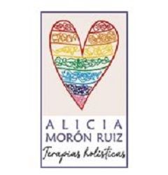 Logotipo: Ilustración de corazón de colores, con texto: "Alicia Morón Ruiz, Terapias holisticas".