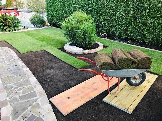 In einem Garten steht eine Schubkarre voller Rasenrollen.