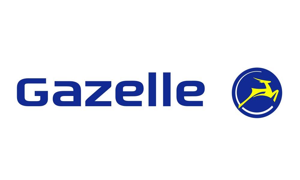 Ein Gazelle-Logo mit einem Hirsch in einem blauen Kreis