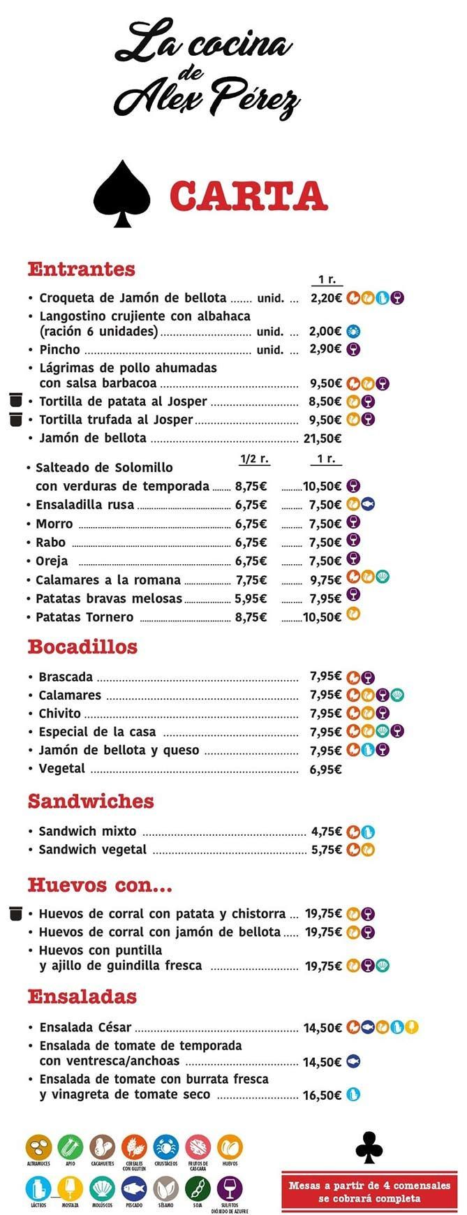 Menú de restaurante español titulado «La cocina de tu Papá», con iconos de palos de la baraja y platos sobre fondo blanco.