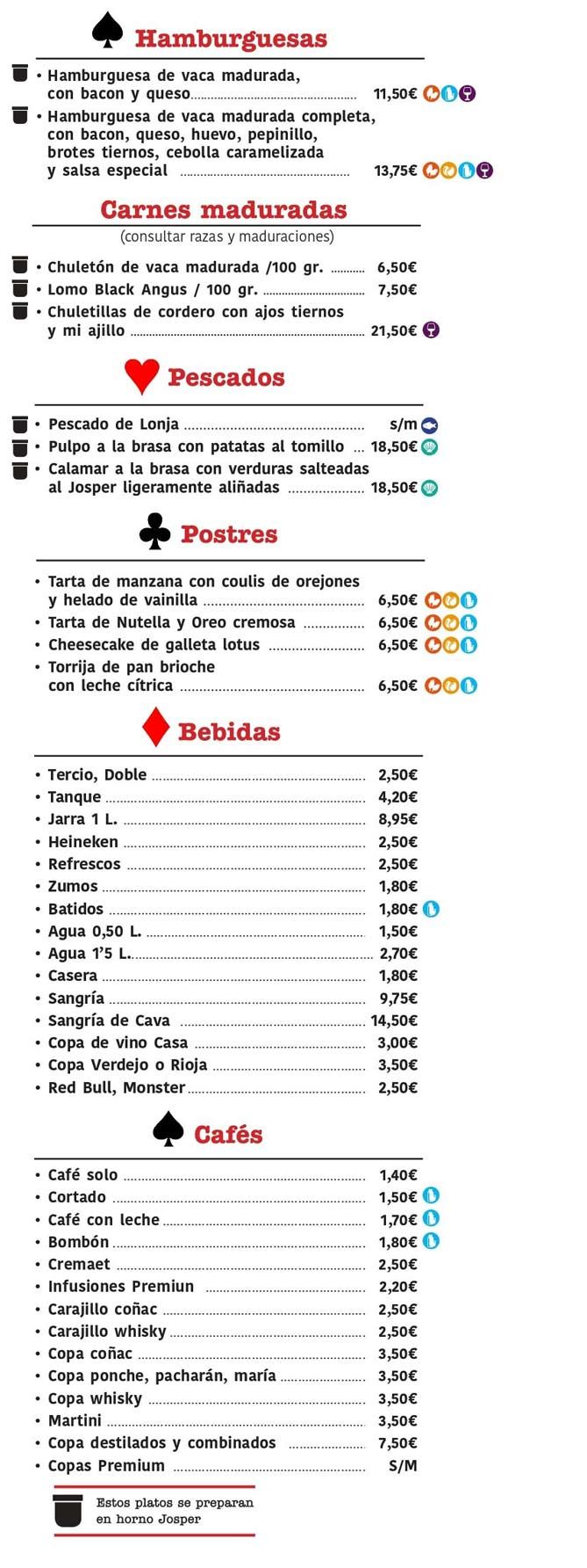 Menú de restaurante francés con secciones de bebidas, ensaladas, pizzas, pastas y café.
