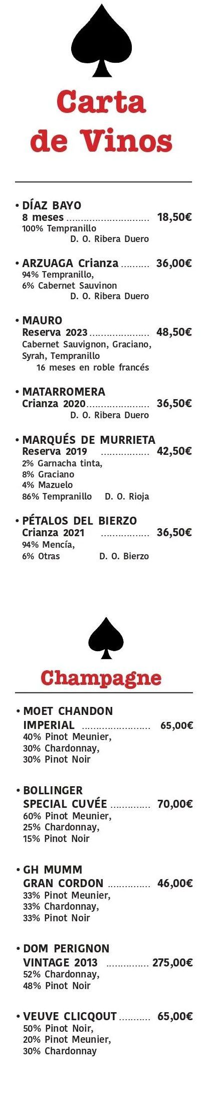 Menú alto y blanco con el título rojo «Carta de Vinos» y la lista de vinos en texto negro, encabezado por logotipos con forma de pica.