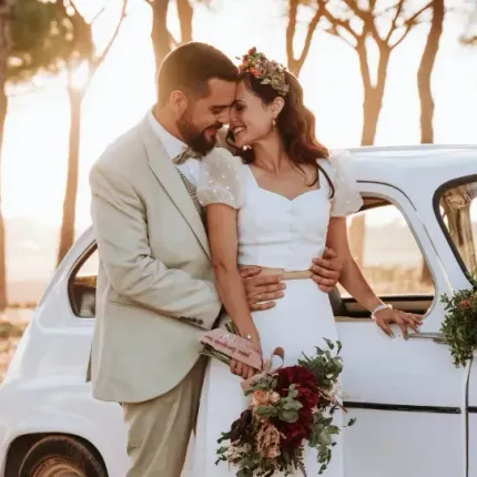 Una novia y un novio besándose delante de un coche blanco.