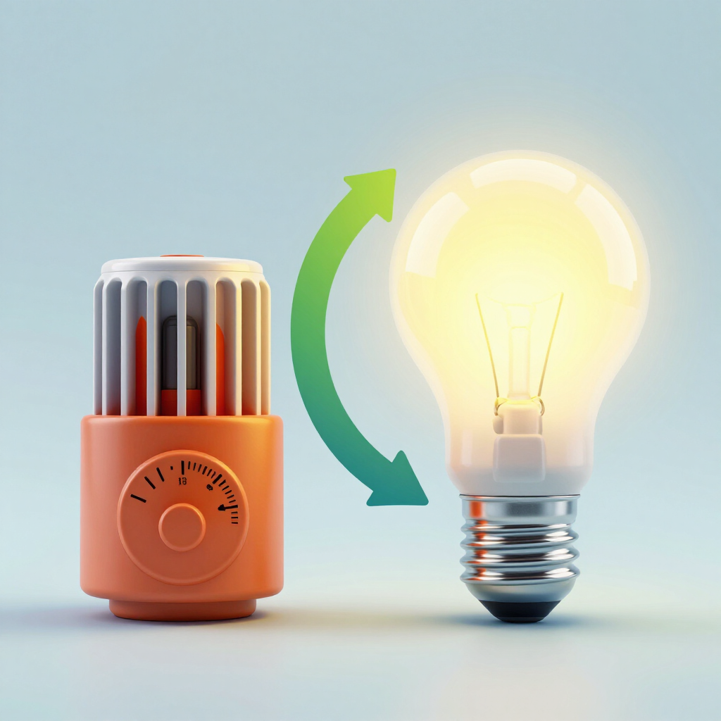 Calentador naranja y bombilla encendida con flechas verdes que indican intercambio de energía.