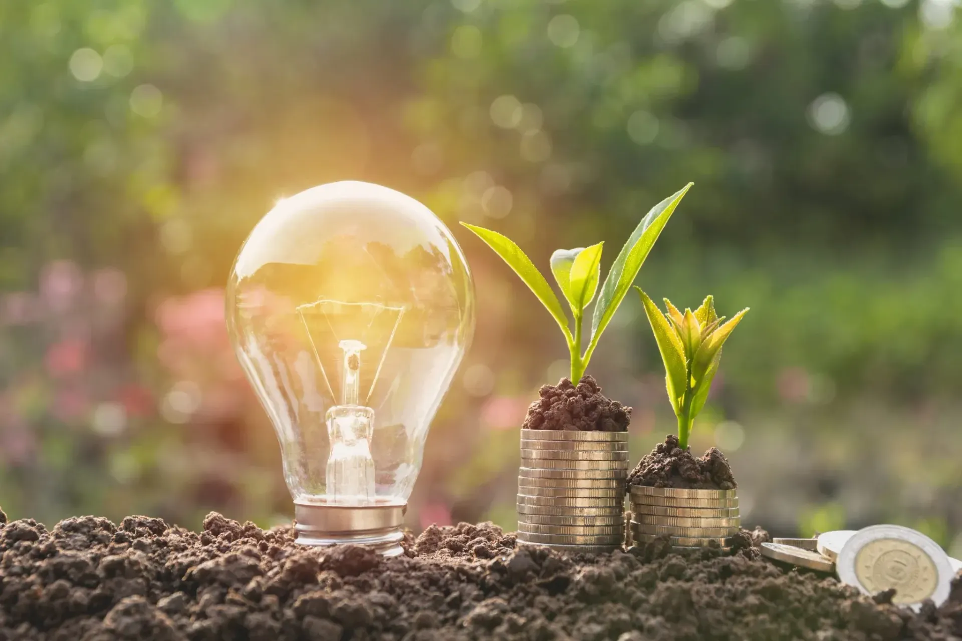 Bombilla y plántulas verdes que crecen de monedas en la tierra, simbolizando la inversión ecológica.