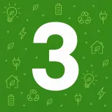 Número 3 blanco sobre fondo verde con iconos ecológicos como bombillas, hojas, reciclaje, enchufes y baterías.