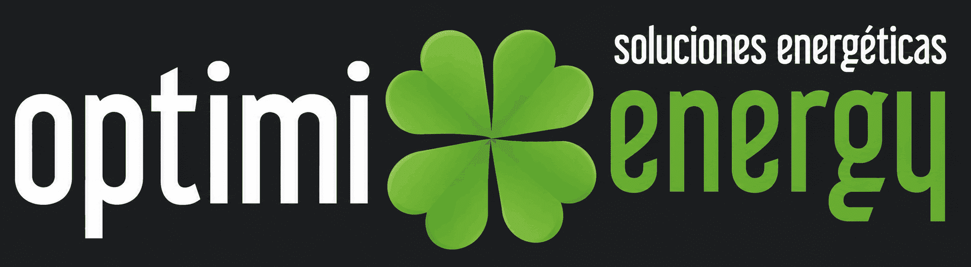 Logotipo de Optimi Energy con icono de tr&eacute;bol verde y texto blanco y verde sobre fondo negro.
