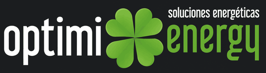 Logotipo de Optimi Energy con icono de tr&eacute;bol verde y texto blanco y verde sobre fondo negro.