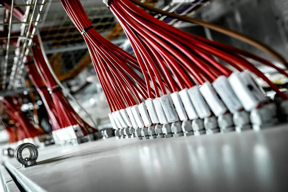 Haces de cables rojos conectados a conectores rectangulares blancos, montados sobre una superficie metálica.
