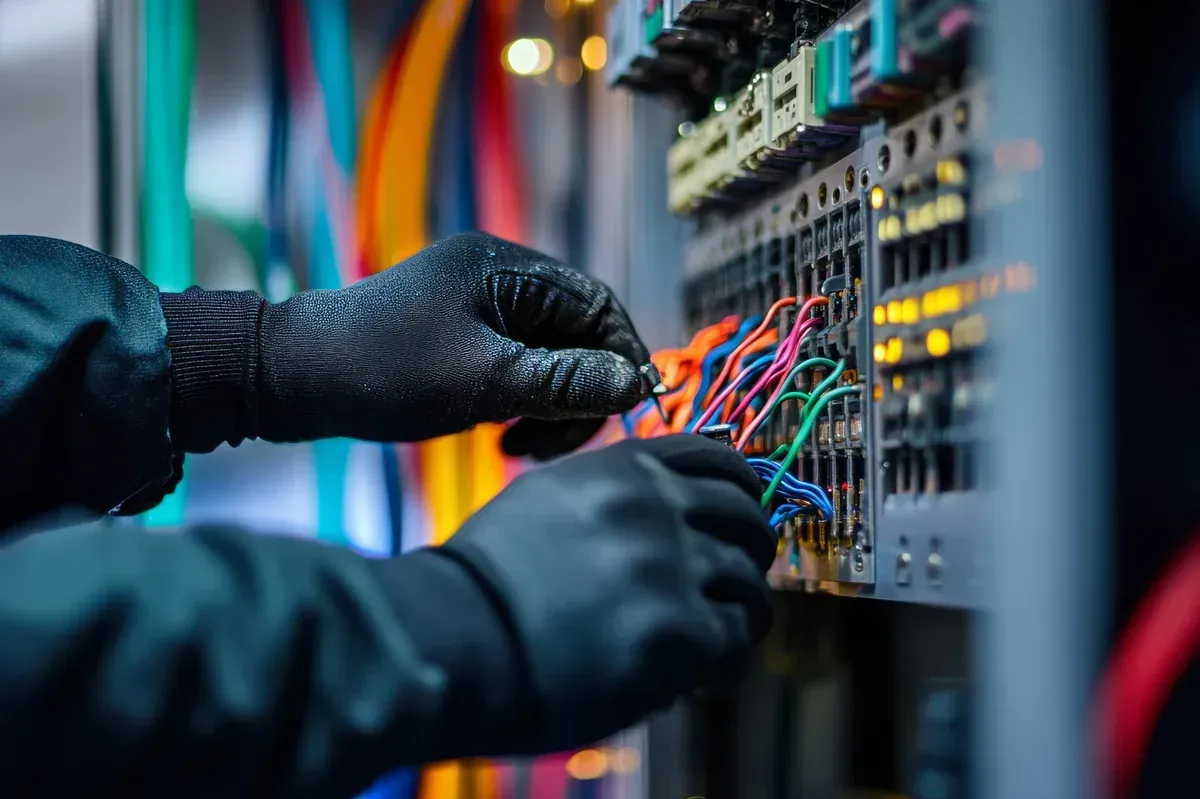 Manos con guantes negros que conectan cables de colores dentro de un panel eléctrico.