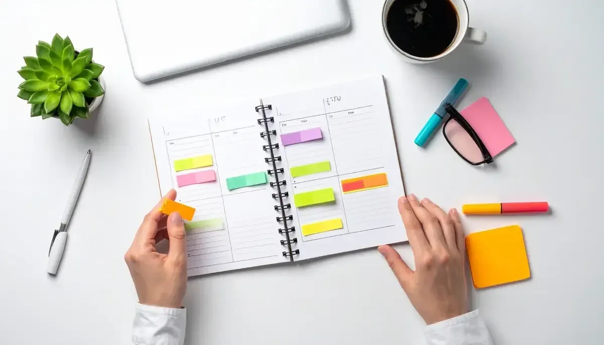 Manos colocando una nota adhesiva en una agenda, rodeadas de útiles de oficina y una taza de café.