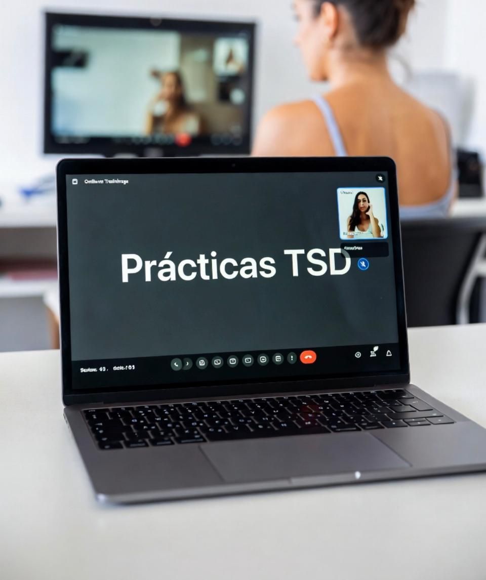 Nutricionista presenta datos dietéticos en una tableta, con verduras frescas y una computadora portátil en el escritorio.