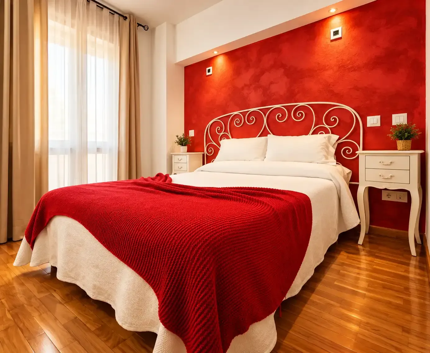 Acogedora habitación con cama blanca, cabecero de metal, cortinas rojas y una pequeña mesita de noche con flores.