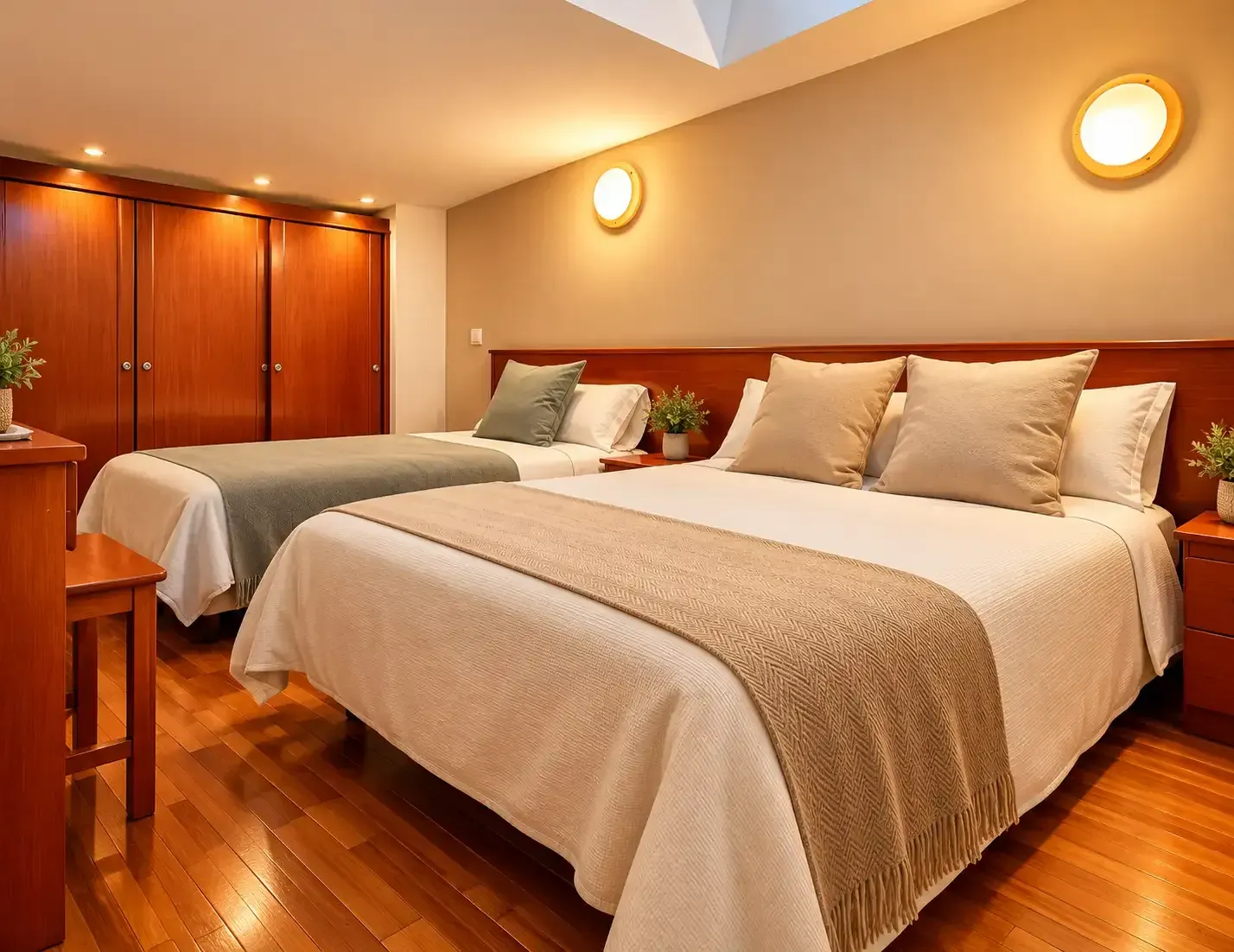 Habitación luminosa con cama, mesitas de noche, cuadro enmarcado, silla de madera y suelo de madera.