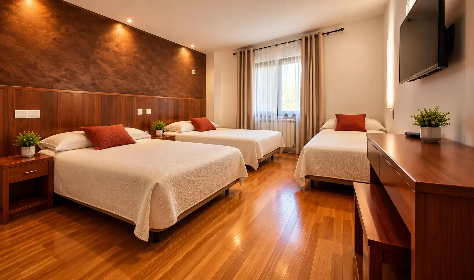Habitación de hotel pequeña con dos camas blancas, pared gris, ventana y aire acondicionado.