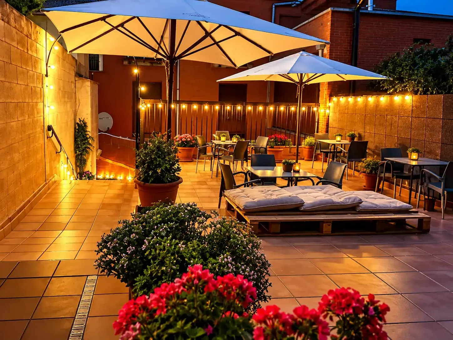Acogedor patio al atardecer, con sombrillas, sillones, luces cálidas y flores en macetas sobre el suelo de baldosas
