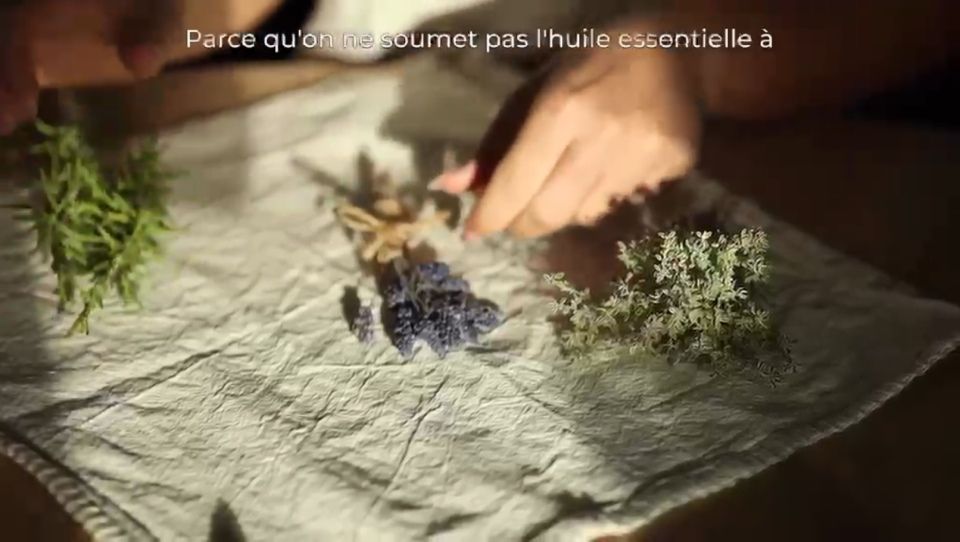 Mani che sistemano uva scura ed erbe aromatiche su un panno stropicciato accanto a fiori bianchi e verde.
