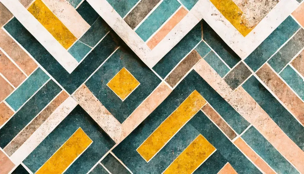 Un primer plano de un piso de baldosas de colores con un patrón geométrico.