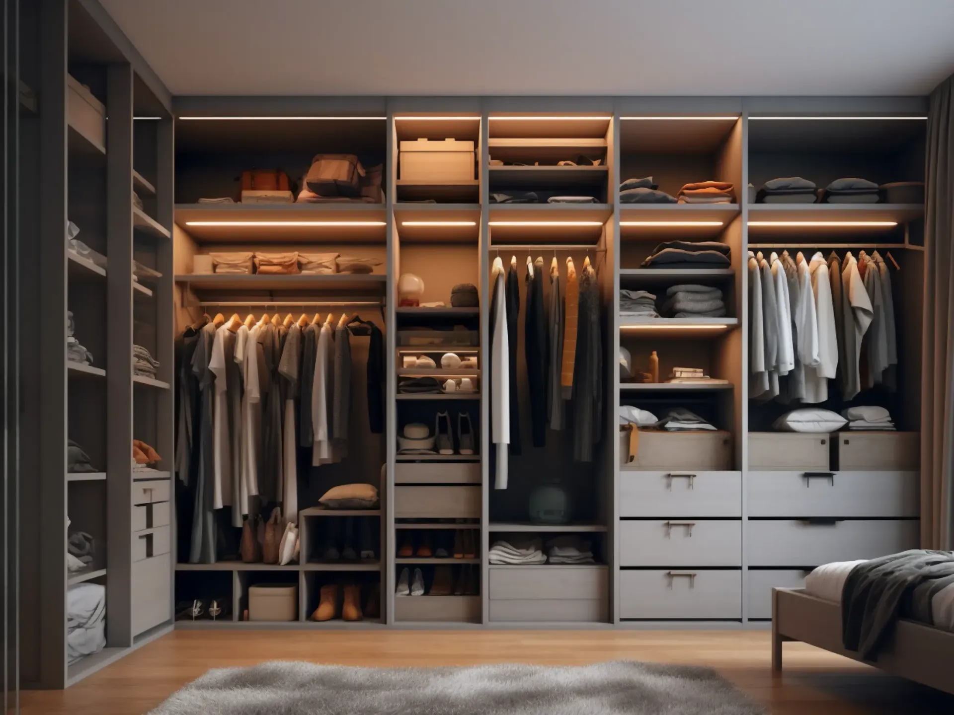 Un dormitorio con un vestidor lleno de ropa y una cama.