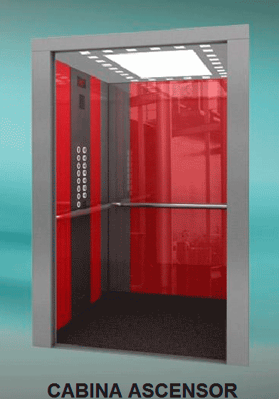 Un ascensor rojo y negro con las palabras "cabina ascensor" en la parte inferior.