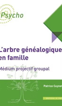 Couverture verte et blanche d’un livre intitulé « L’arbre généalogique en famille » with “Psycho” logo