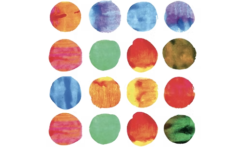 Grille de 16 cercles colorés à l'aquarelle dans les tons de rouge, bleu, vert, jaune et violet