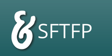 Logo SFTFP blanc sur fond turquoise avec un symbole stylisé à gauche