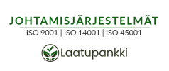 Logo for Laatupankki with text: “Johtamisjärjestelmät ISO 9001 | ISO 14001 | ISO 45001” and a checkmark and leaves icon.