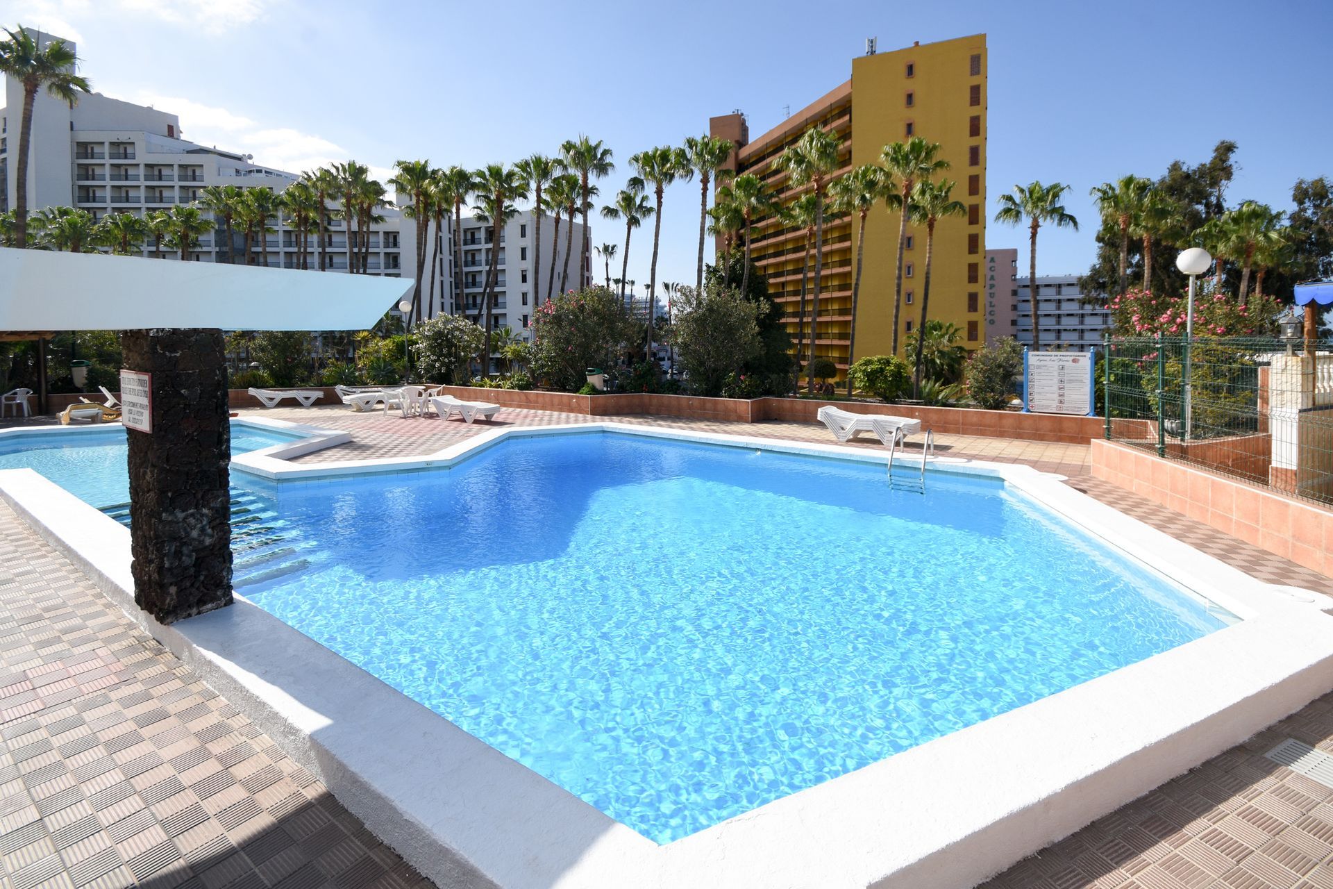 An aerial view of a Santa Maria's large swimming pool in the Costa Adeje resort, Tenerife.