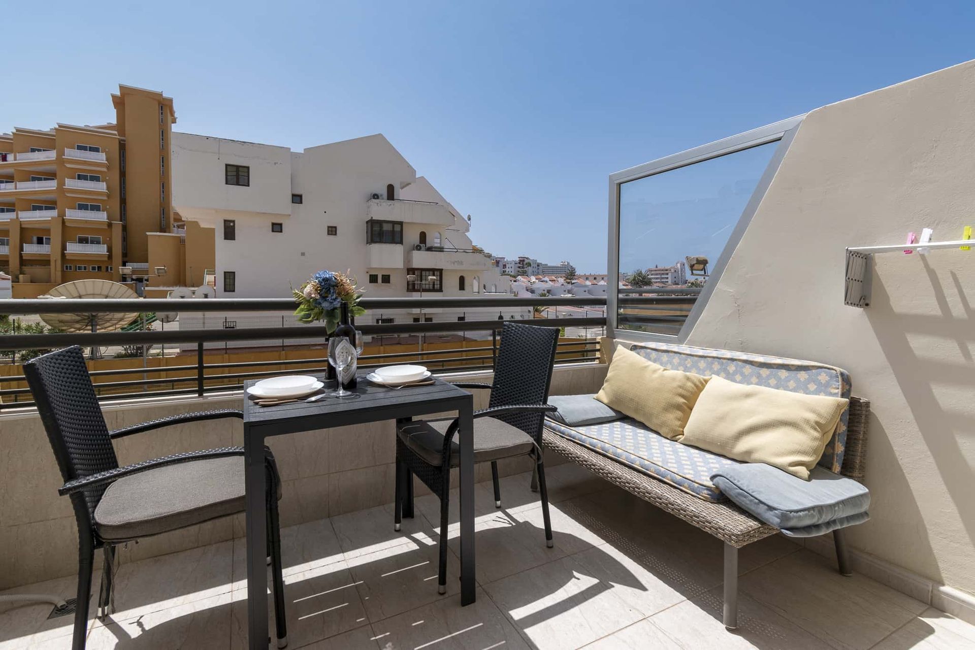 Balcony with patio table and chairs, sofa, Santa Maria, Costa Adeje, Tenerife