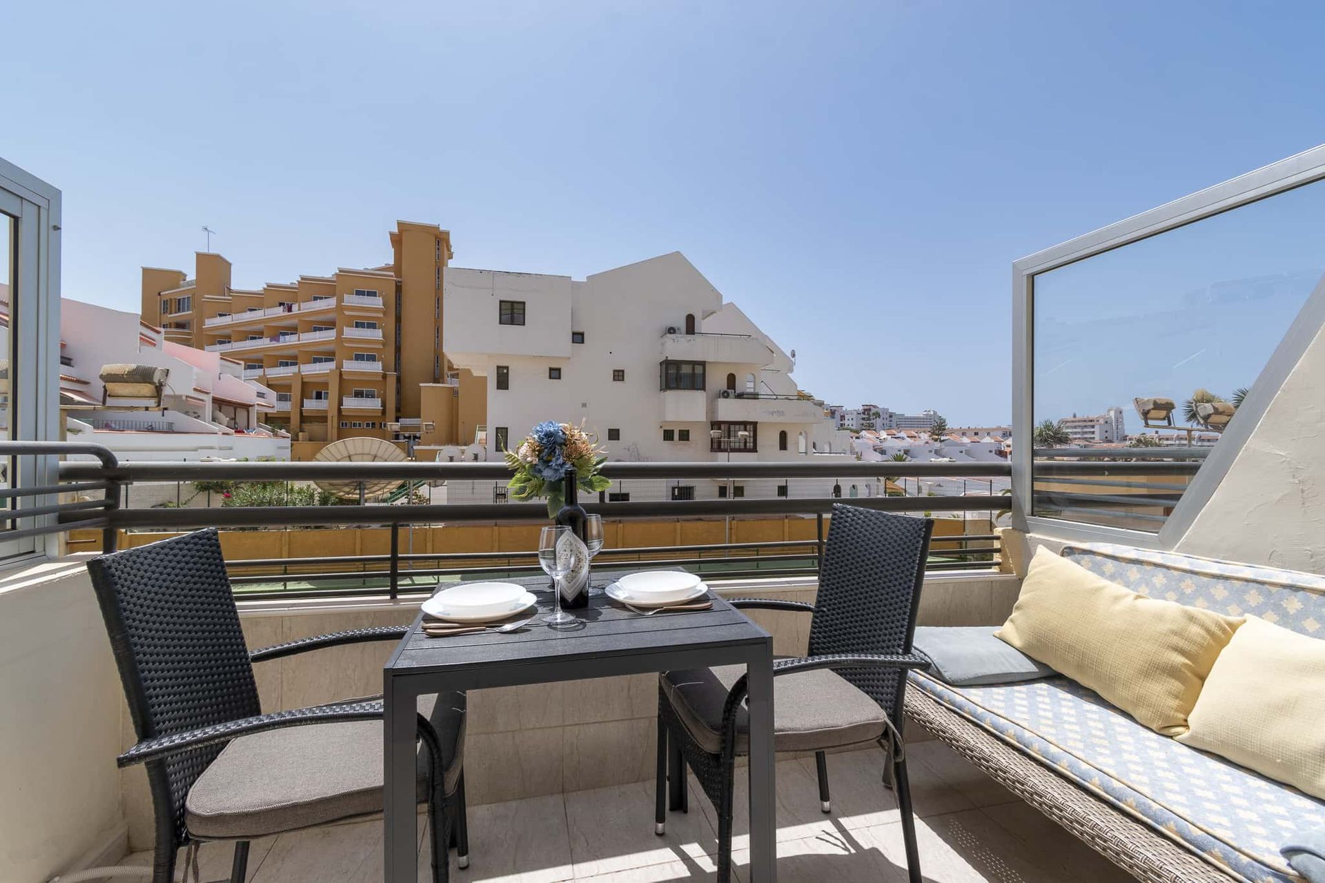 Balcony with patio table and chairs, sofa, Santa Maria, Costa Adeje, Tenerife