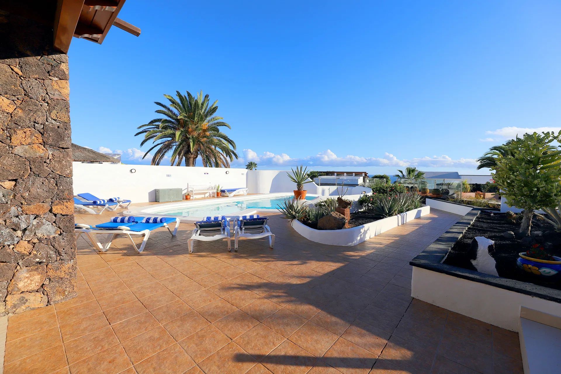 Swimming pool area with lounge chairs, palm tree, and blue sky. Villa Salvo | Los Mojones | Puerto del Carmen | Lanzarote.