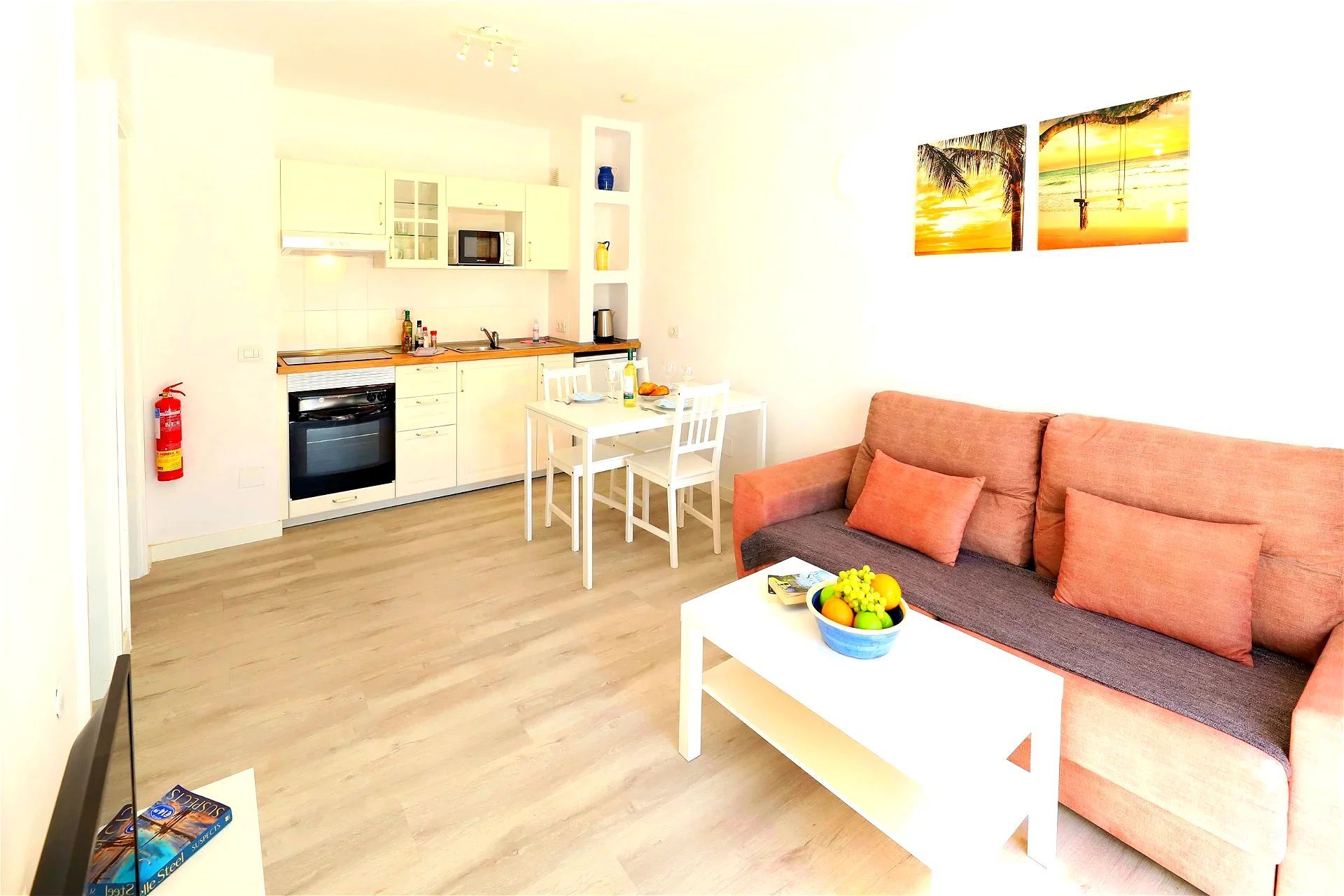 Lounge and kitchen at Salmarina Bungalows, Matagorda, Puerto del Carmen, Lanzarote