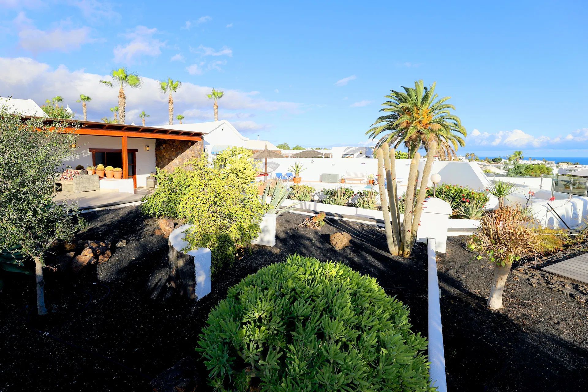 Lush garden with dark soil and white buildings under a blue sky with palm trees, likely a resort. Villa Salvo | Los Mojones | Puerto del Carmen | Lanzarote.