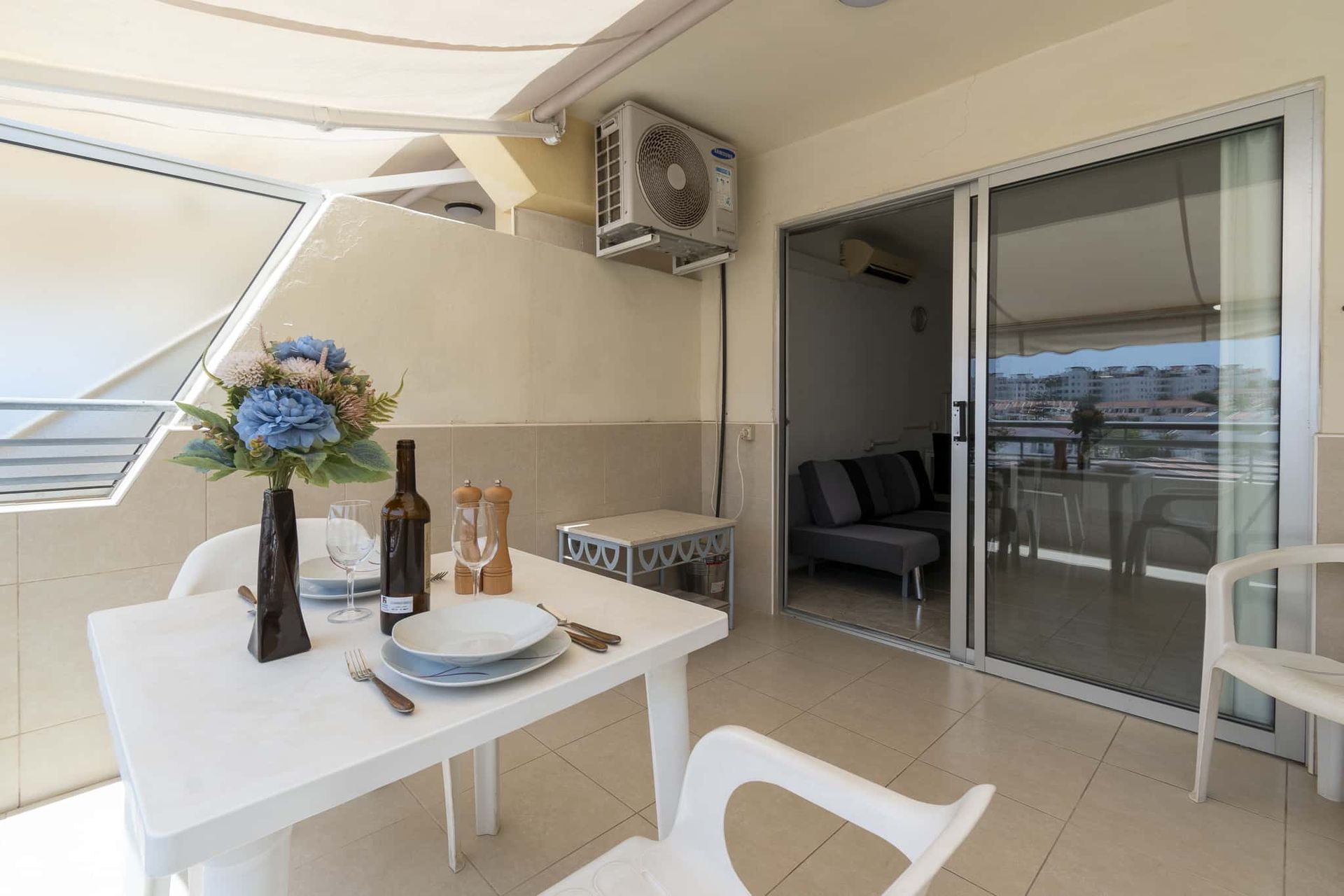 Balcony with patio table and chairs, sun awning, Santa Maria, Costa Adeje, Tenerife