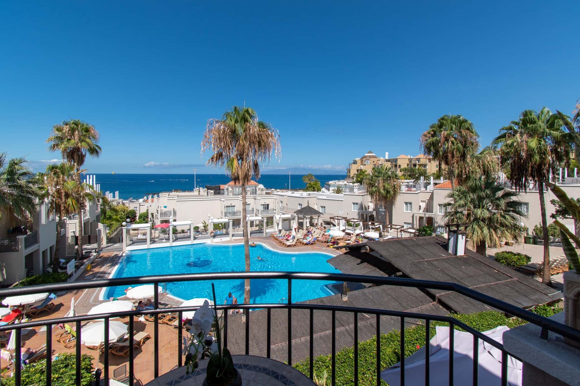 Balcony with sea and pool views, Los Olivos, Costa Adeje, Tenerife.