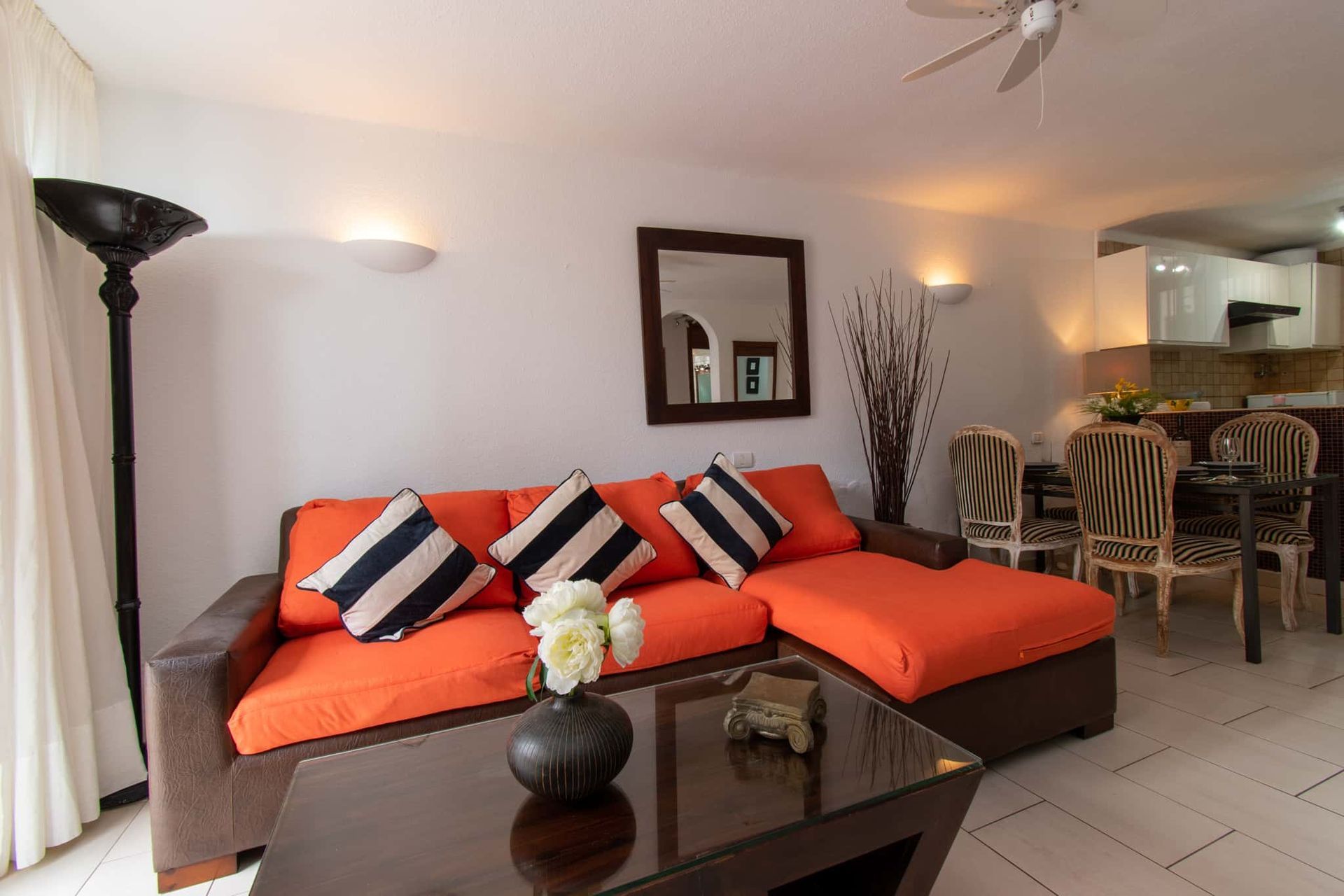 L-shaped sofa, coffee table, lamp, mirror, dining table and chairs, Parque Santiago I, Playa de las Americas, Tenerife
