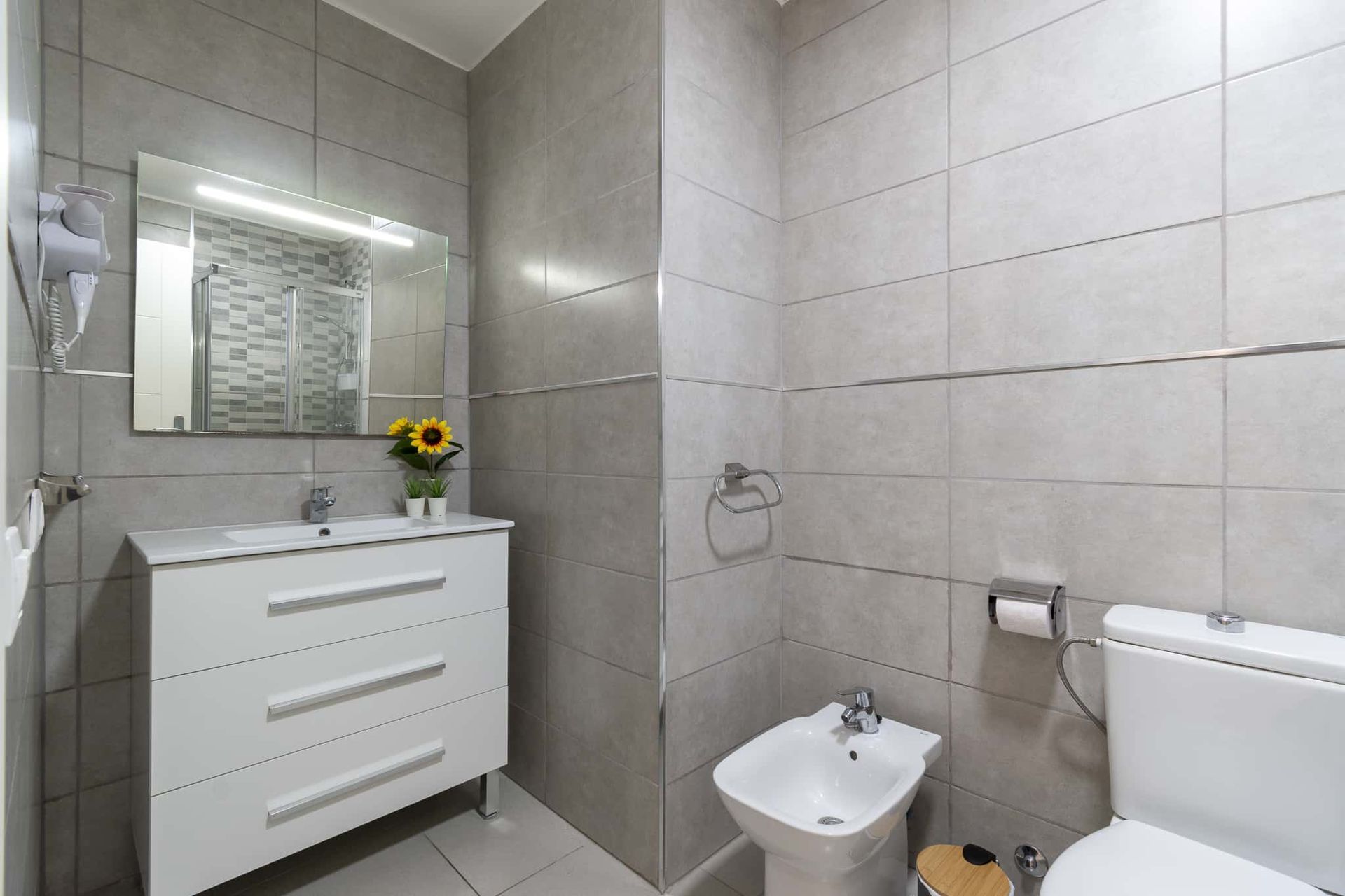 Bathroom with wash hand basin with large mirror above, hair dryer, bidet, WC, Santa Maria, Costa Adeje, Tenerife