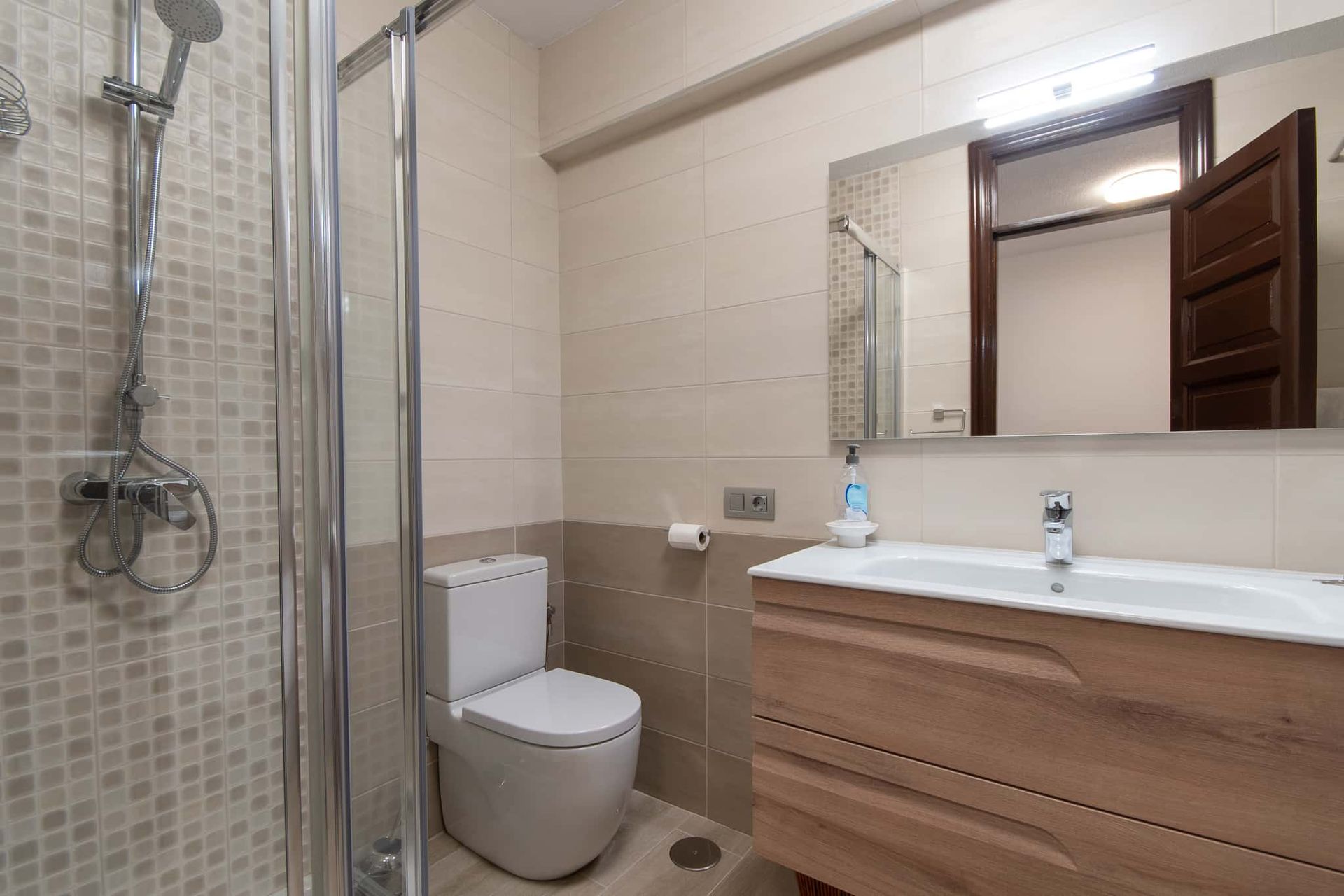 Bathroom with shower, wash hand basin with mirror above, WC at Parque Santiago II, Playa de las Americas, Tenerife