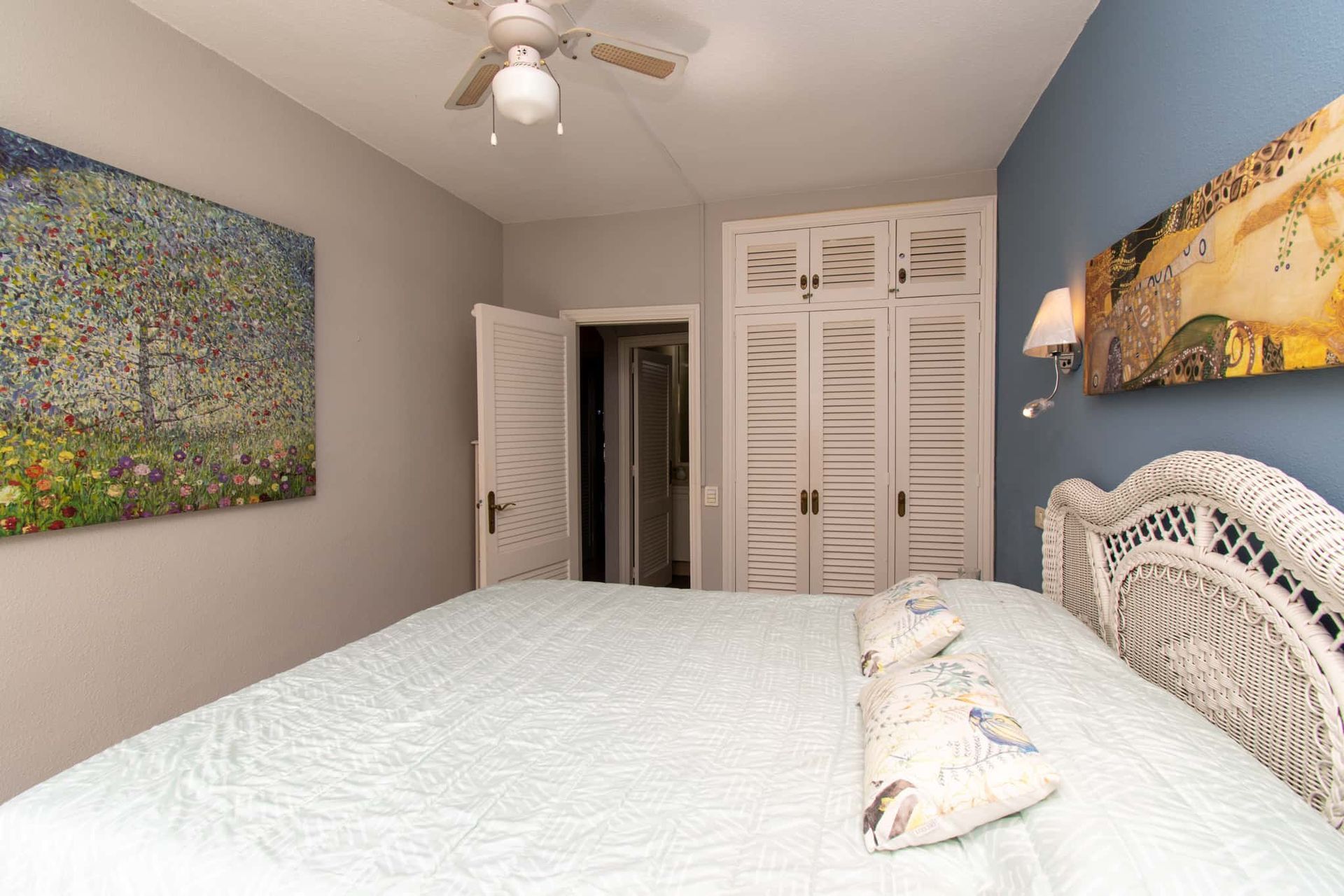 Bedroom with double bed, ceiling fan, Los Olivos, Costa Adeje, Tenerife.