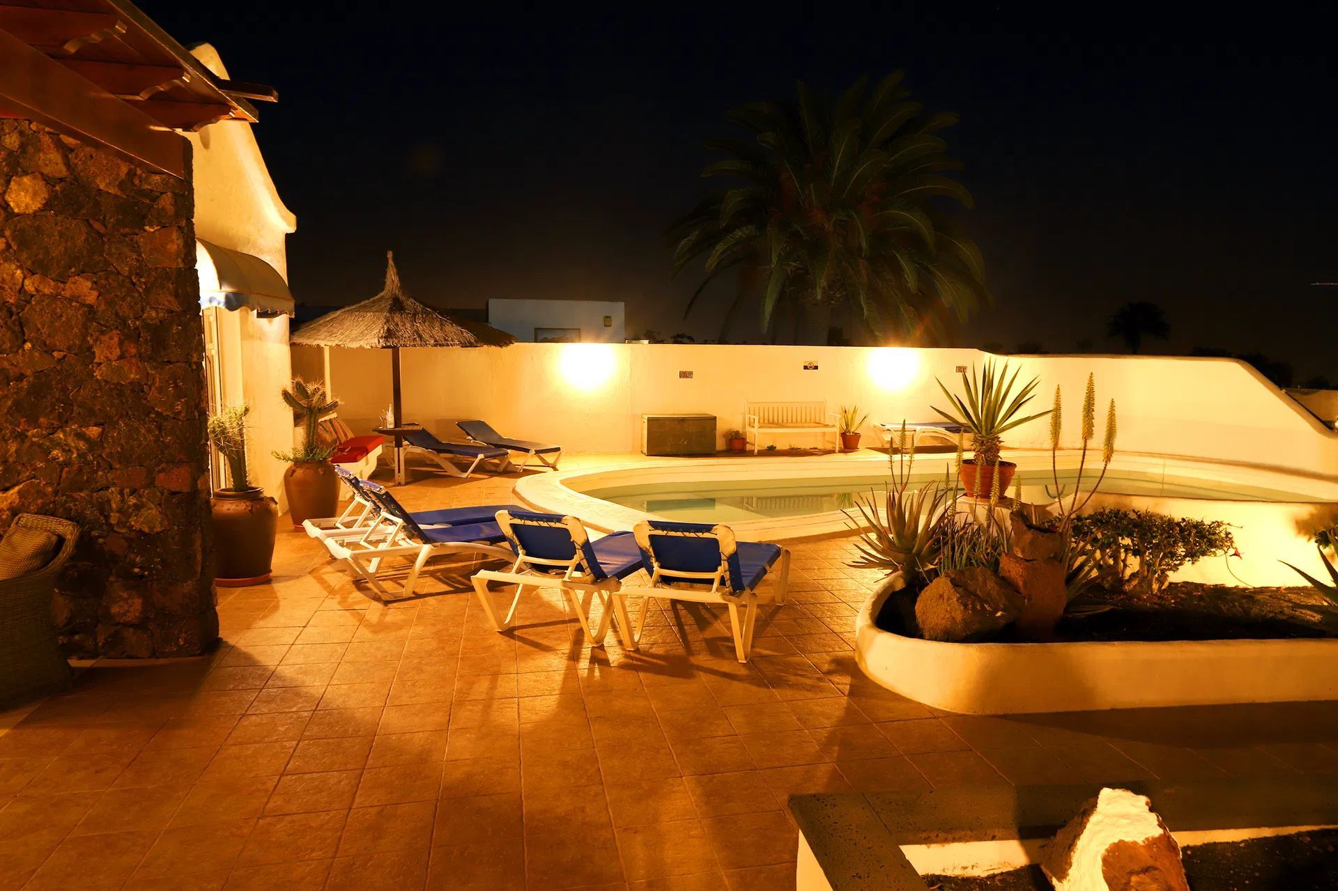Poolside patio at night with lounge chairs and palm tree. Villa Salvo | Los Mojones | Puerto del Carmen | Lanzarote.