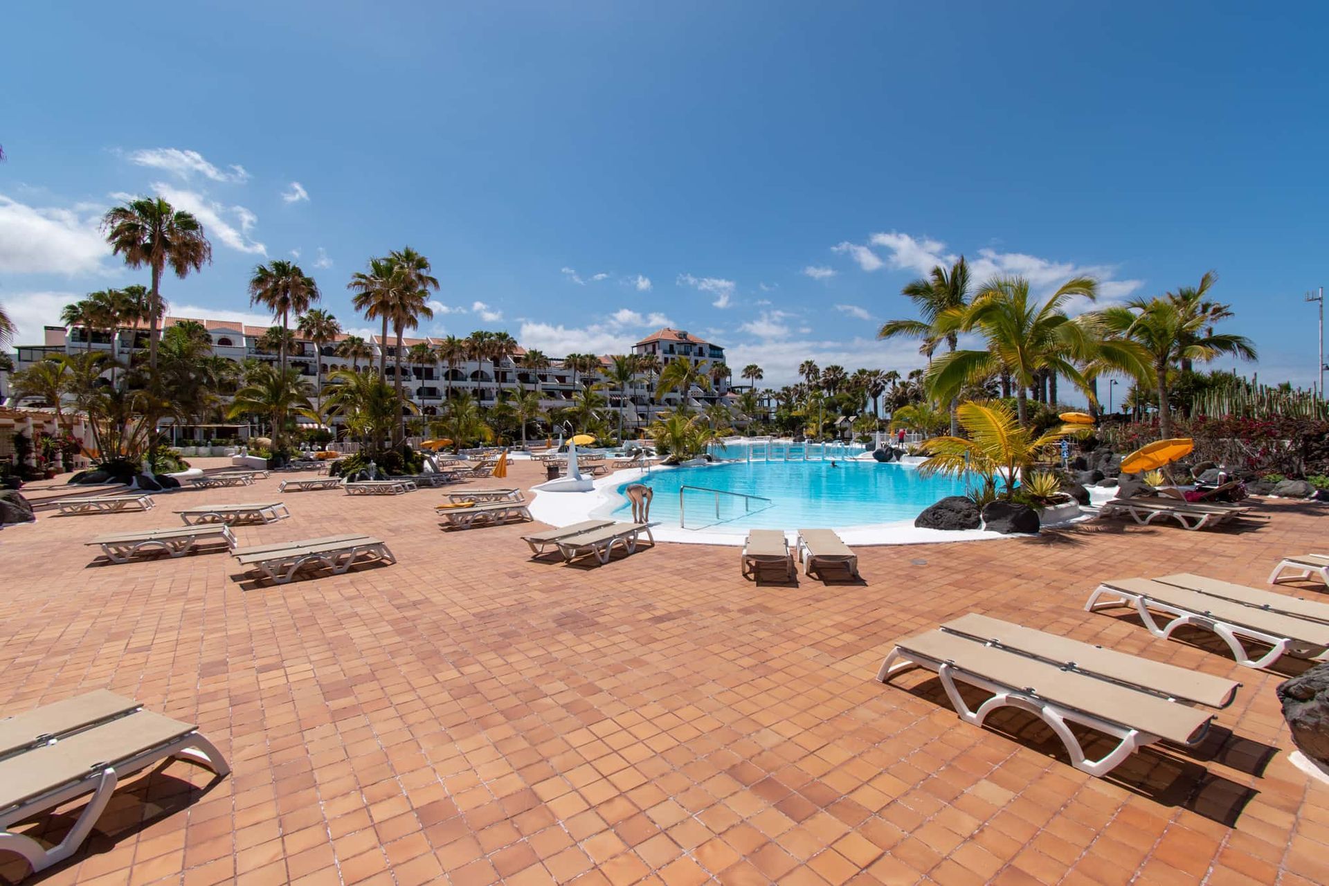 Sun loungers and pool at Parque Santiago IV, Playa de las Americas, Tenerife.