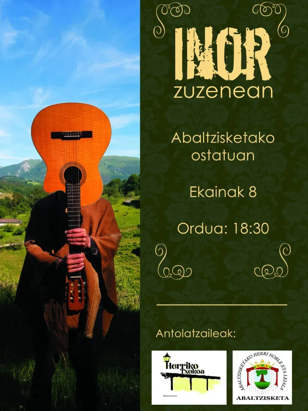 Kartela: Gitarra burua duen pertsona, "INOR zuzenean" testua, data, ordua eta logotipoak.