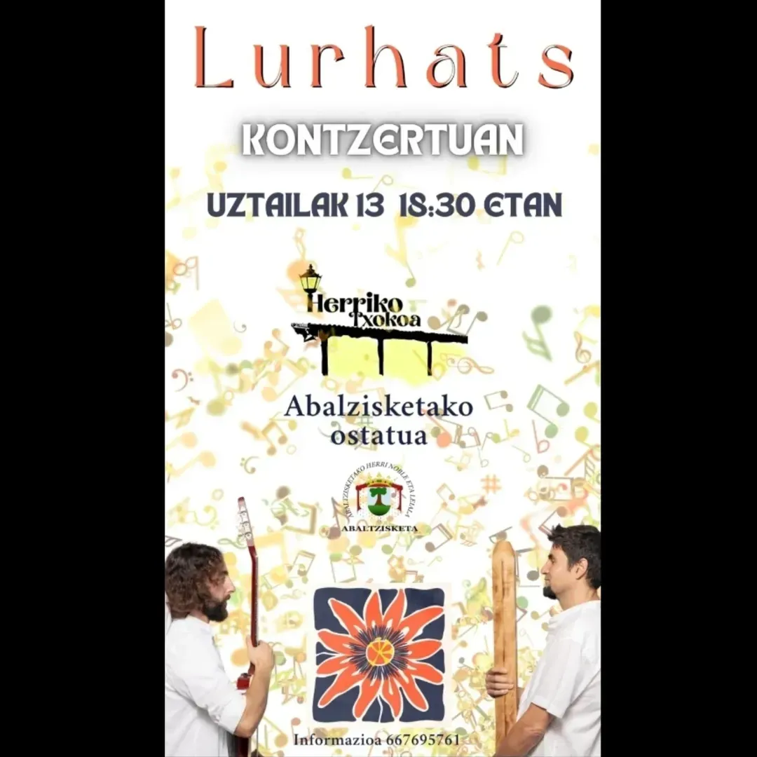 Lurhats kontzertuaren kartela, uztailaren 13an, 18:30ean. Bi musikari, logotipoak eta koloretako musika-notak ditu.