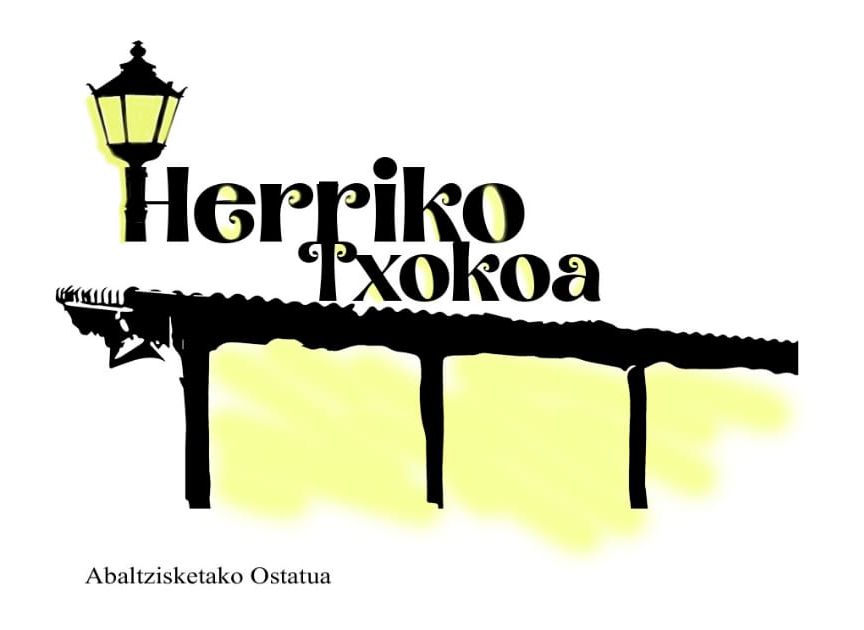 Black silhouette of a covered structure with "Herriko Txokoa" text and a lamp. "Abaltzisketako Ostatu" text below.