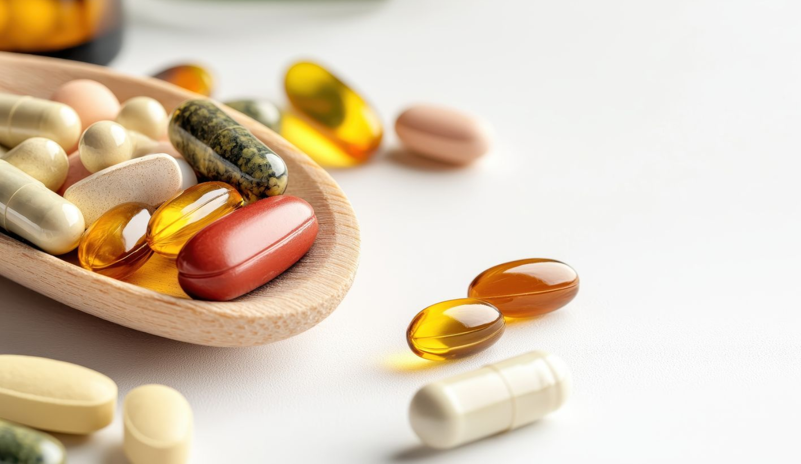 Verschiedene Softgel-Kapseln, Tabletten und Pillen auf einem Holzlöffel mit Naturdekor – ein vielseitiges Angebot an Private Label Nahrungsergänzungsmitteln.