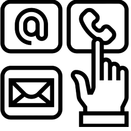 Una mano apunta a un teléfono, un correo electrónico y un ícono de teléfono.